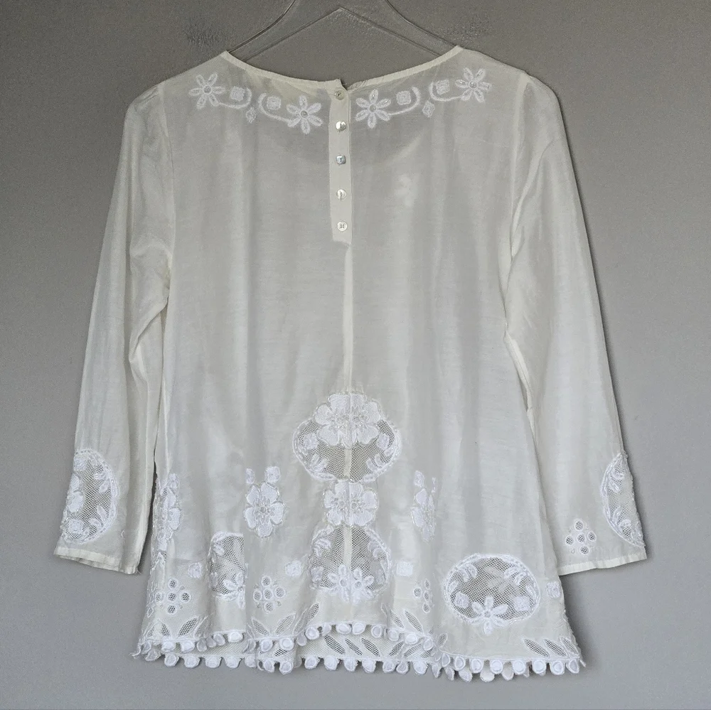 Anthropologie Maeve Cream Silk Embroidered Lace Women's Boho Feminine Fairy Top